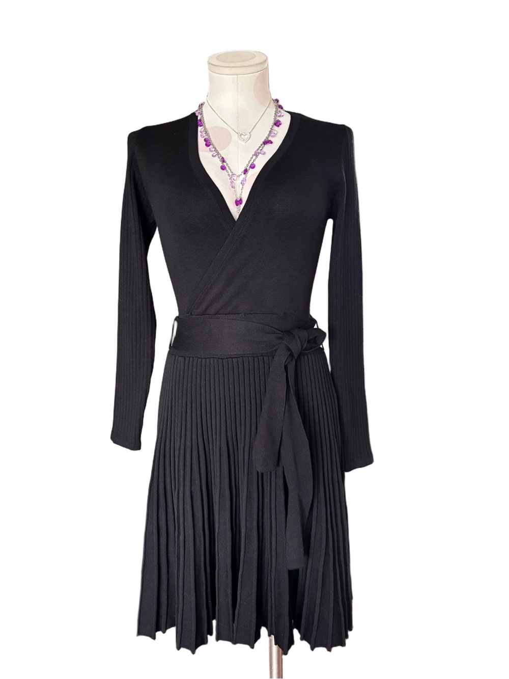 Black Pleated Wrap Sweater Dress - Black - S